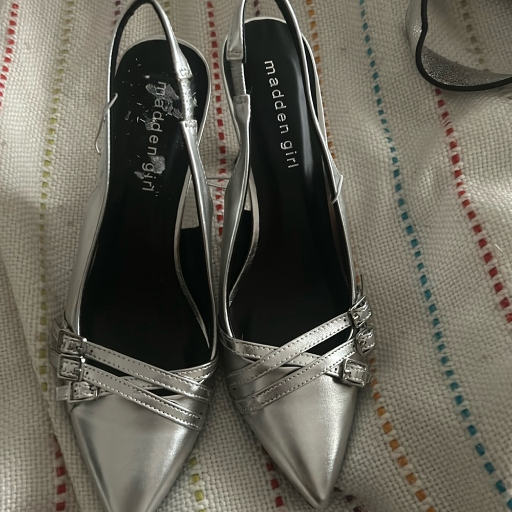Open back silver sling back shoes